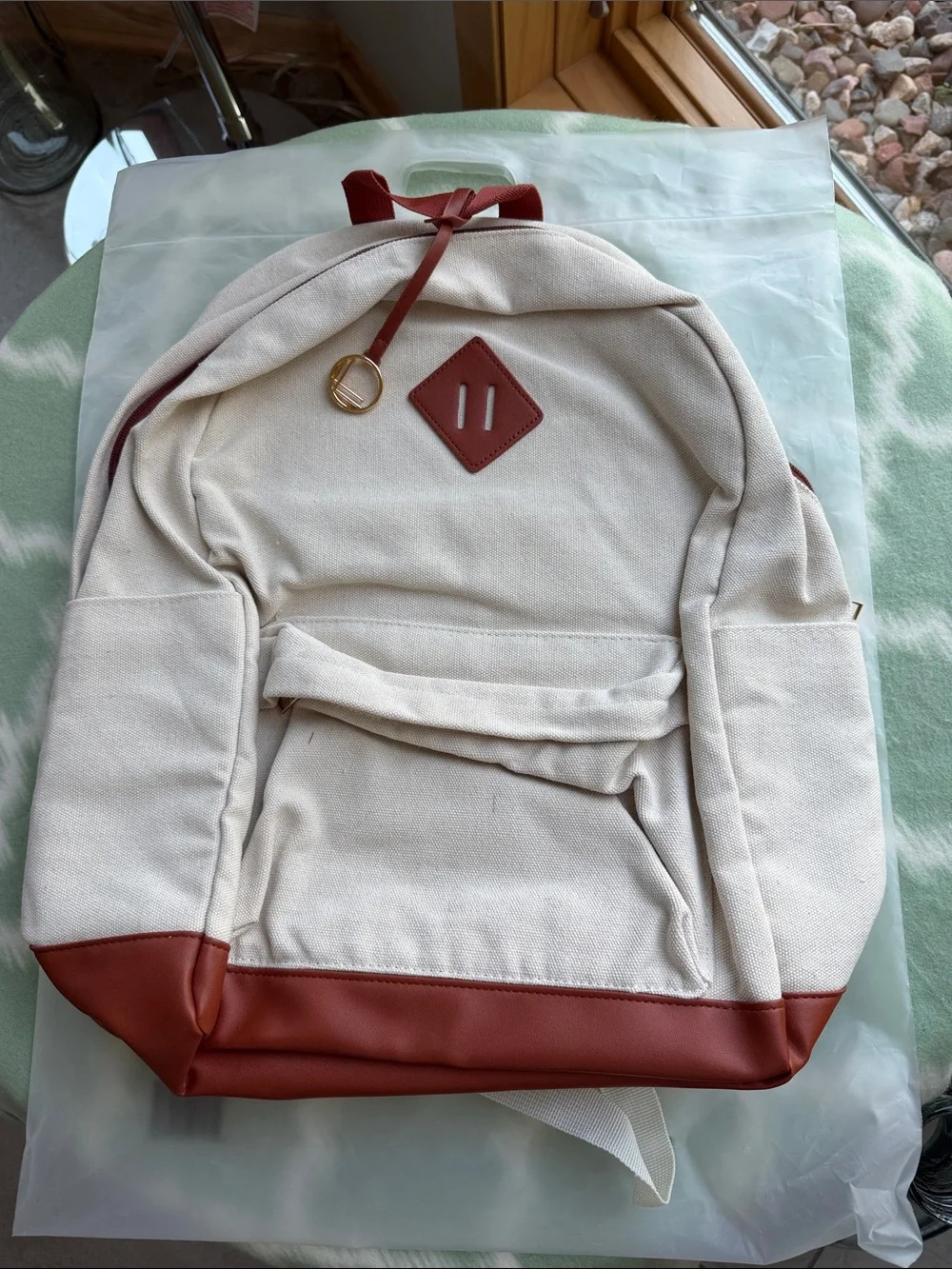 NWT Canvas Backpack in Cream with Brown Trim - Casual Everyday Bag